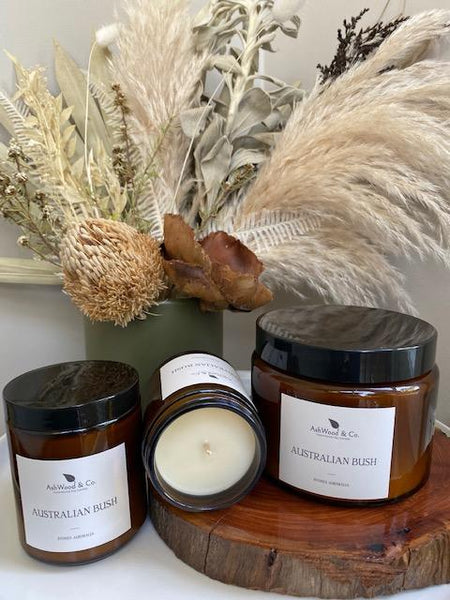 Australian Hand poured Soy Candles by AshWood and Co. Highly scented and sustainable candles. Australian Bush available in 3 sizes