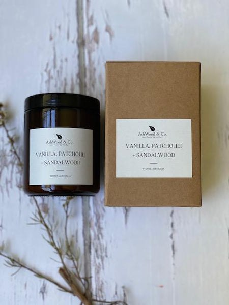 Vanilla, Patchouli + Sandalwood Soy Candle by Ashwood and Co. Sustainable packaging